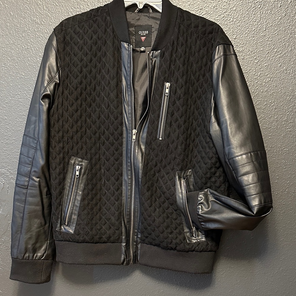 GUESS Black Quilted Bomber Jacket with Leather Sleeves